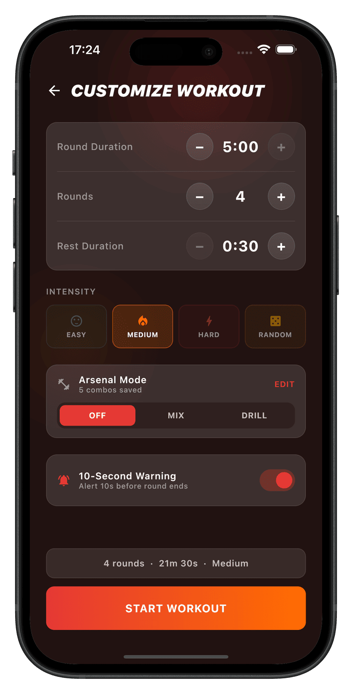 Customize Workout screen with round count, intensity, and rest sliders