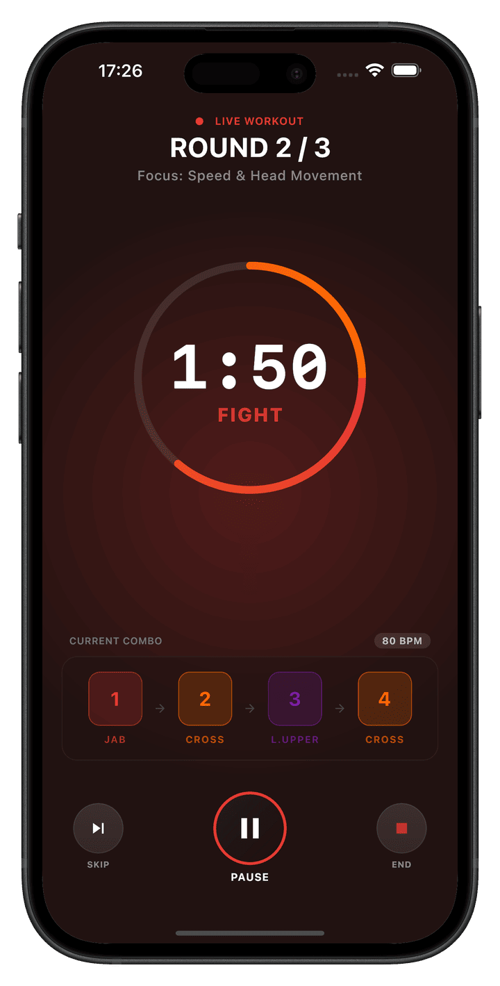 Active workout with a big red timer ring and a four-punch combo strip