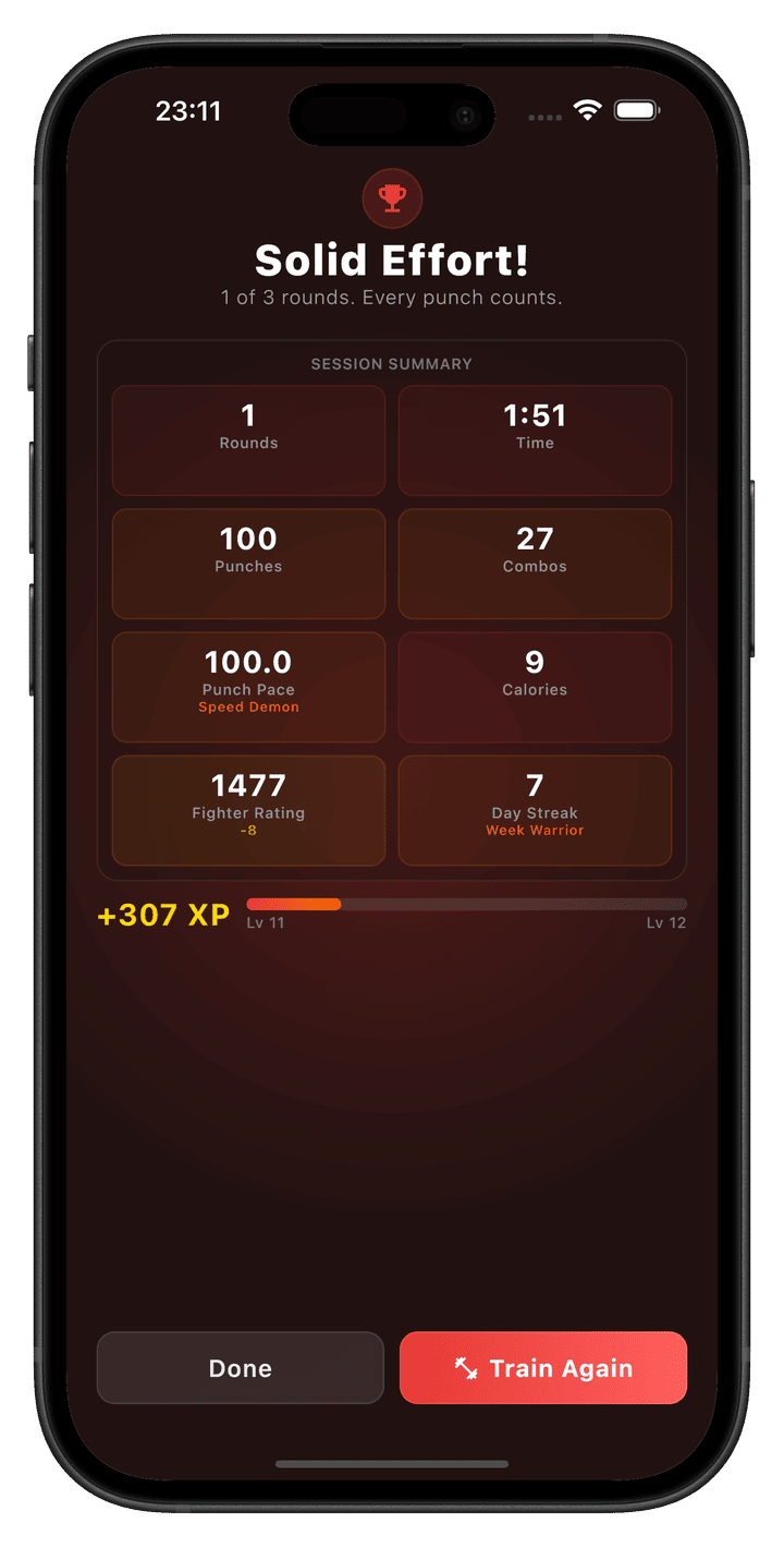 Workout summary with statistics and earned XP